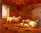 Eugene Verboeckhoven Sheep With Chickens And A Goat In A Barn painting